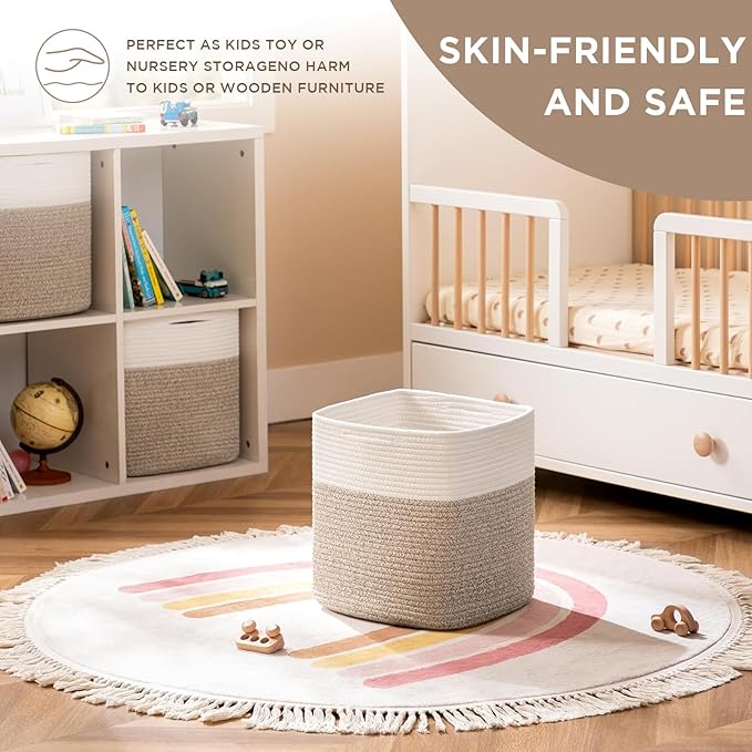joybest Cube Storage Bins Set of 4, 13inch Cube Baskets Organizer for Nursery, Square Cotton Rope Baskets for Shelves Organizing, Kids Toy, Closet Storage, Brown and Cream White-Ruum Studio Home