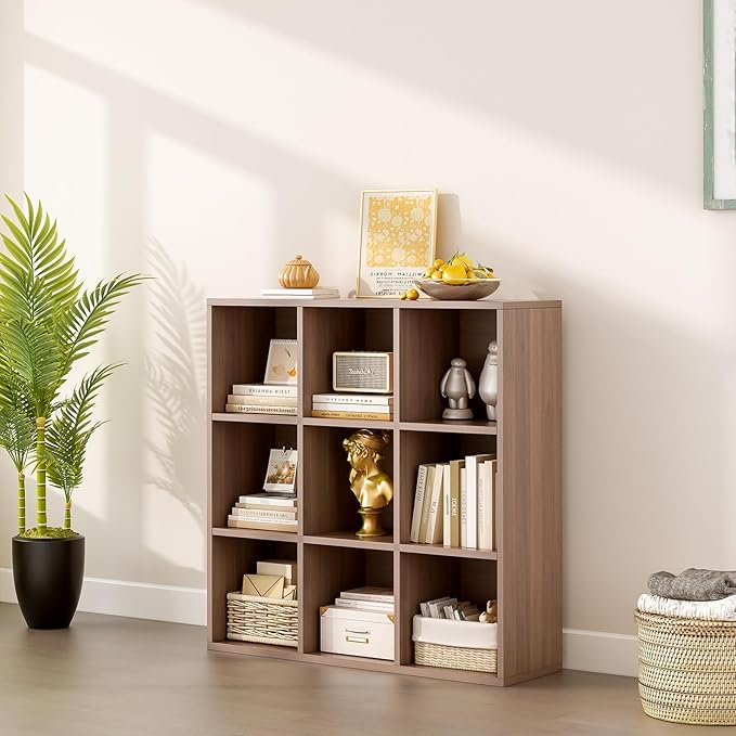 9-Cube Storage Shelf Bookcase - Wooden 3-Tier Floor Standing Open Bookshelf for Home and Office, Cuby Orgainzer, Walnut-Ruum Studio Home
