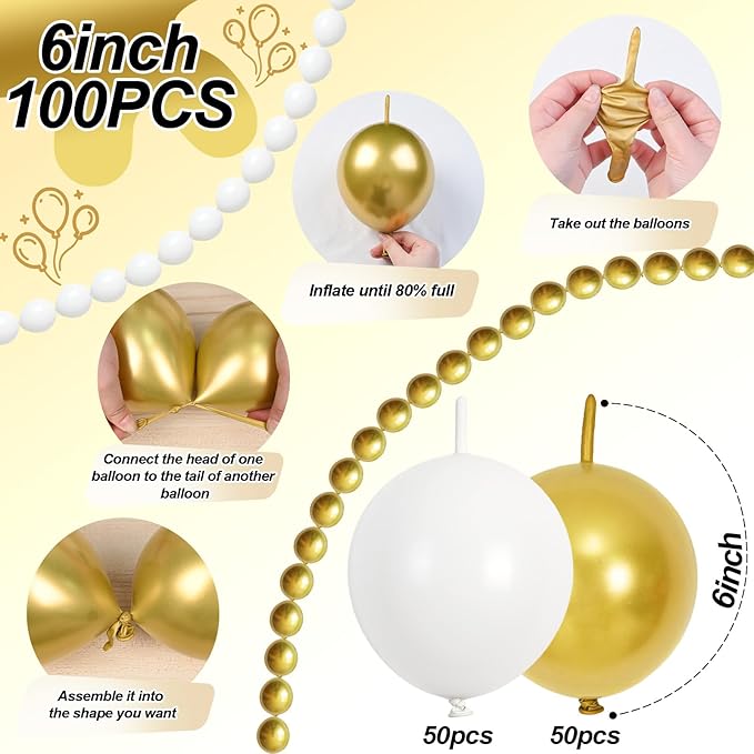 White and Gold Quick Link Balloons, 100PCS 6 Inch Small Baby Pink Linking Balloons for Making Balloon Wall Heart Arch Tails Balloon for Girls Wedding Birthday Baby Shower Engagement Party Decorations-Ruum Studio Home