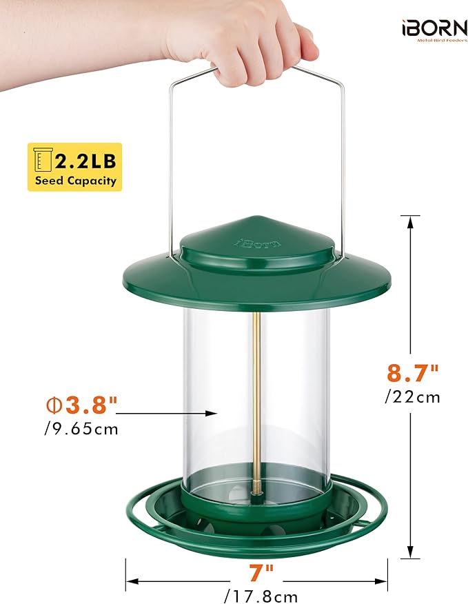 iBorn Metal Bird Feeders for Outdoors Hanging,Wild Bird Feeders for Cardinal,18cm Large Roof&Tray New Green 6 Port (Seed is not Included)-Ruum Studio Home