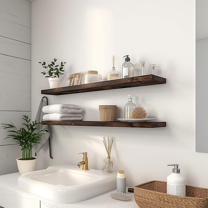 48 Inch Floating Shelves for Wall Rustic Brown Wood Wall Shelves for Bedroom Set of 4-Ruum Studio Home