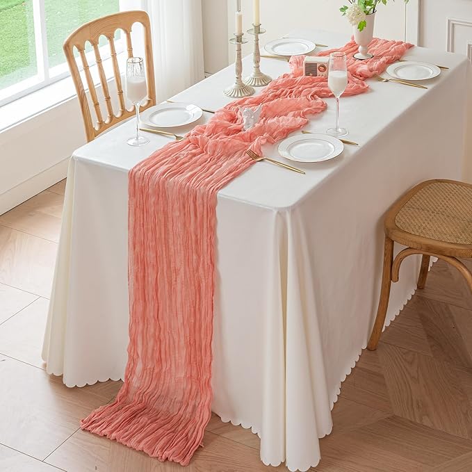 Sioloc 1 Pack Peach Coral Cheesecloth Table Runner Fall Autumn Decor for Home 10ft Table Cloth for Tea Wedding Birthday Party Baby Bridal Shower Halloween Thanksgiving-Ruum Studio Home