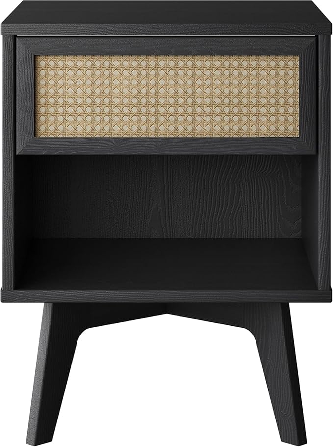 MUSEHOMEINC Nightstand, Boho Bedside Table with Rattan Drawer Open Shelf, Black Wooden Night Stand with Storage, Mid Century Modern End Table for Bedroom, Living Room,Dorm and Small Spaces-Ruum Studio Home