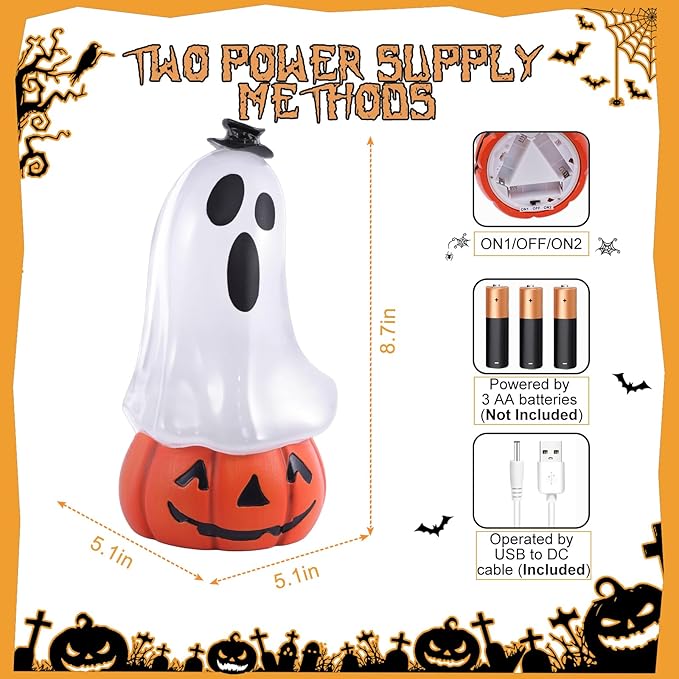 Halloween Snow Globe Lantern Spooky Glost and Pumpkin Halloween Snow Globes Musical Water Glitter Globe with 6H Timer Battery Operated or USB Powered for Spooky Home Decorations (Ghost and Pumpkin)-Ruum Studio Home