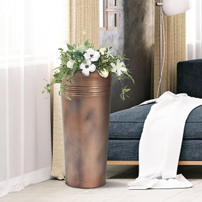 KOL 22''H 2-Pack Planter with Water Level Indicator - Galvanized Steel Pot - Self Watering Planters Flower Pot for Plant - Inner Pot Design - Round Metal Planter Box - Indoor Outdoor Planting - Bronze-Ruum Studio Home