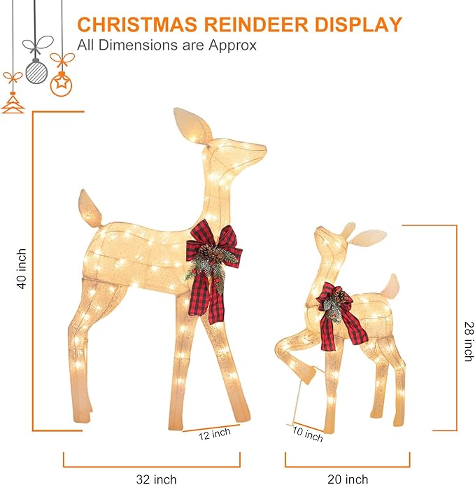 2 Pcs Reindeer Christmas Decoration, Xmas Lighted White Shimmering Doe and Fawn Display Set with 105 Warm White Lights for Yard Lawn Indoor Outdoor-Ruum Studio Home