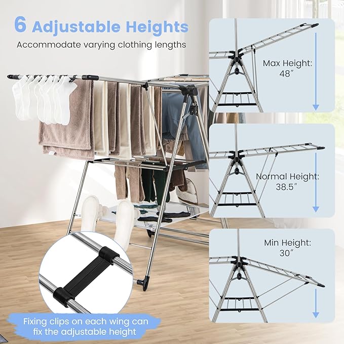Giantex Clothes Drying Rack, Foldable Laundry Drying Rack with with 6-Level Adjustable Height, High Hanger Design, Side Clips, Space Saving Collapsible Laundry Drying Rack-Ruum Studio Home