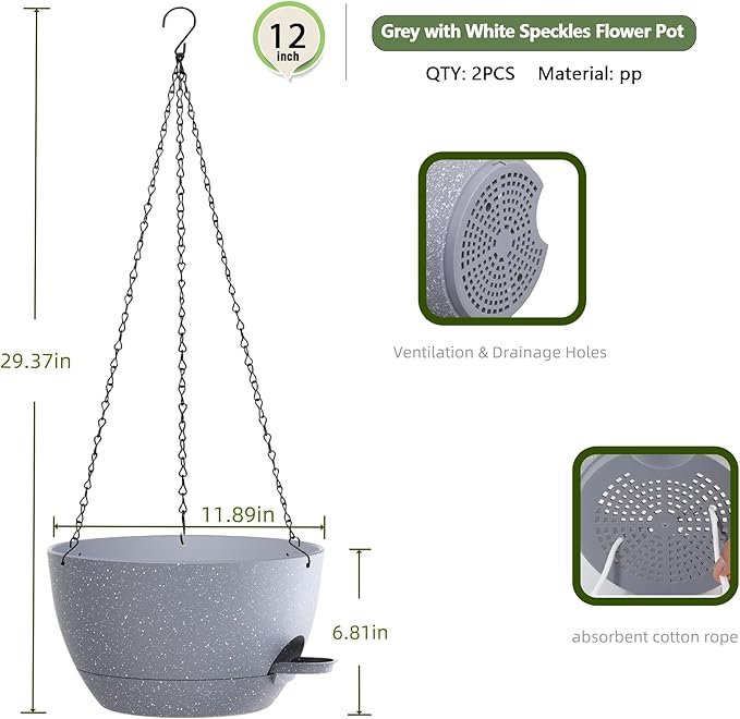 12 Inch Hanging Baskets 2 PC with Chains, Self-Watering Hanging Planters for Indoor Outdoor Plants, Plastic Hanging Flower Pots,Speckled Grey-Ruum Studio Home