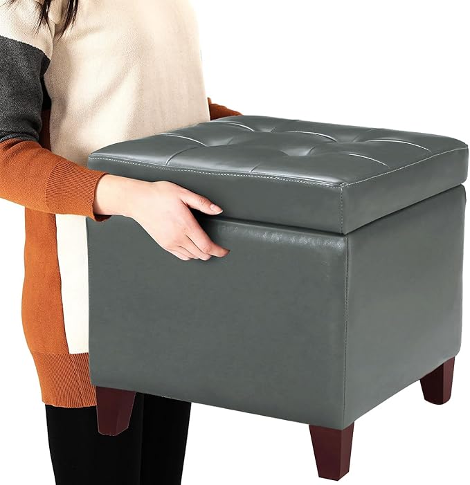 Adeco Bonded Leather Square Tufted Cubic Cube Footstool, 18" Height Storage Ottomans, with Lid, Cement Grey-Ruum Studio Home