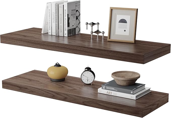 Large Floating Shelves for Wall Set of 2 Wooden Wall Shelves 24 in x 12.75 in x 2 in Room Decor Long Shelf with Invisible Wall Mount Bracket for Bedroom Kitchen Living Room Walnut-Ruum Studio Home