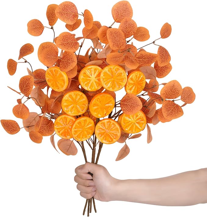 Eucalyptus Stems, 4PCS Artificial Lemon Stems Faux Citrus Branches Plastic Decor for Kitchen, Table Centerpieces, Entryway, Thanksgiving Wedding Party (Orange)-Ruum Studio Home