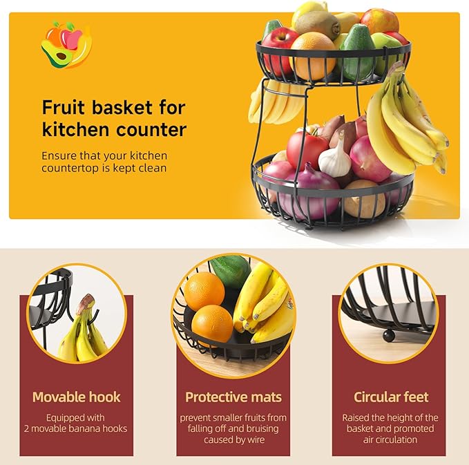 2 Tier Fruit Basket for Kitchen Counter with 2 Banana Hangers, Metal Stackable Fruit Bowl for Kitchen Counter for Bread Vegetable Fruits, Black-Ruum Studio Home