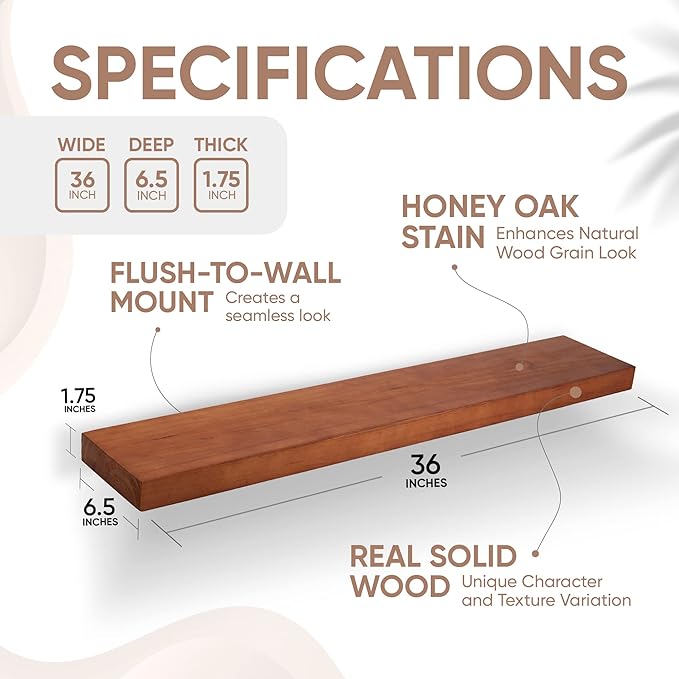Homeforia Oak Floating Shelves 36 inches Long, High End Solid Real Wood 36 inch Floating Shelf for Room Wall, Honey Oak Wooden 36inch Kitchen Shelves, Heavy Duty Bracket, 36 X 6.5 X 1.75 in, Set of 2-Ruum Studio Home