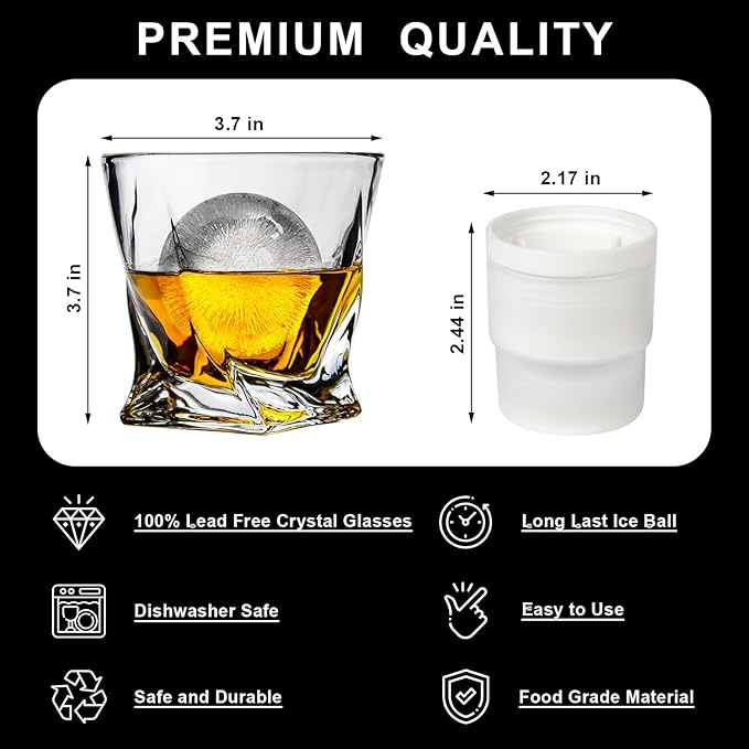 Crystal Whiskey Glasses Set of 2 with Ice Ball Molds, 11 Oz Old Fashioned Glasses Packaged in Giftable Box, Twisted Style Bourbon Glasses Gifts for Men, Stylish Whiskey Glasses Set-Ruum Studio Home