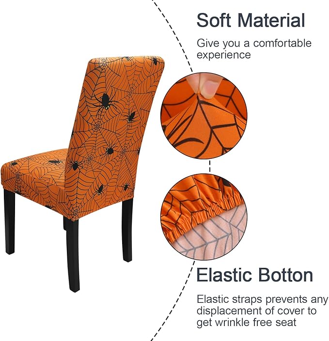 JQinHome Halloween Orange Dining Chair Slipcover, Spider Web Chair Covers Set of 6 ，High Stretch Washable Chair Protector Cover for Dining Room, Kitchen,Home Party,Wedding Ceremony(Orange, 6PC)-Ruum Studio Home