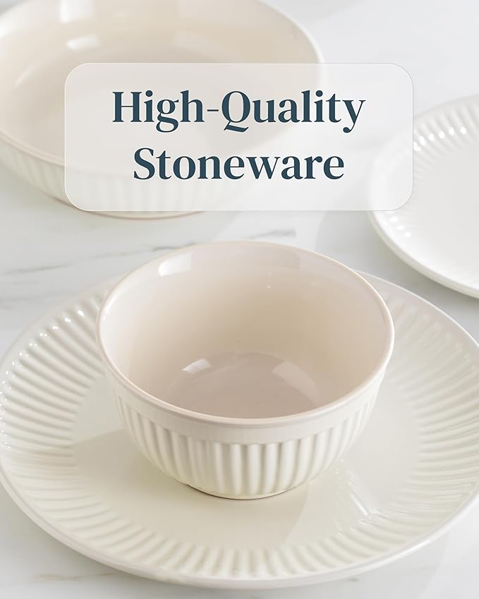 Stoneware Dinnerware Set for 4 People HYGGE 12-Piece - Elegant Scandi Design - Premium Dish Set - Bowl and Plate Set - Tableware for 4 People in a Ribbed Design - Pure Living in Beige-Ruum Studio Home