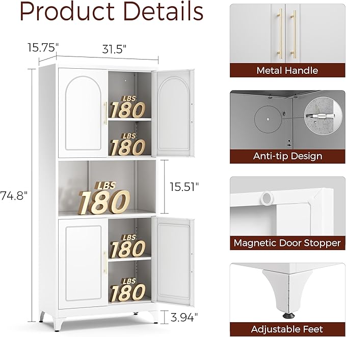 75" Tall Kitchen Pantry Storage Cabinet, Metal Storage Cabinets with 4 Doors and Adjustable Shelves，White Kitchen Hutch Cabinet with Microwave Stand, Large Cupboard for Dining Living Room-Ruum Studio Home