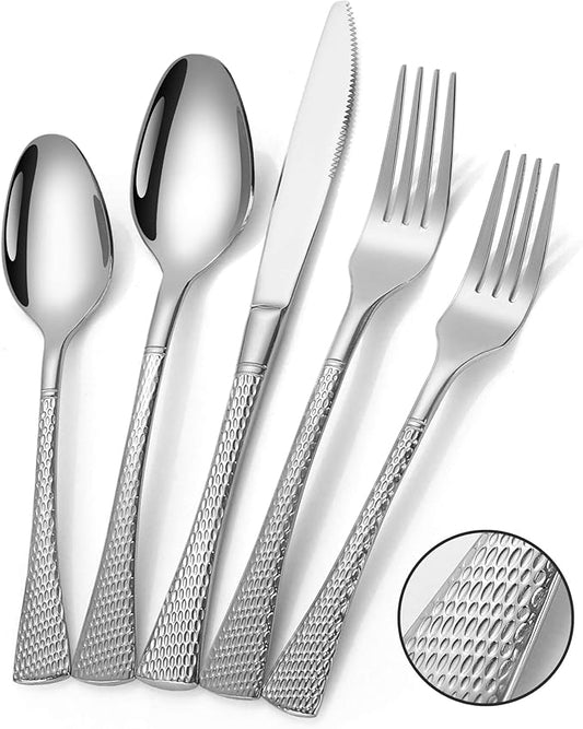 Hammered Silverware Set,20 Piece Modern Flatware Set Service for 4,Mirror Polished Stainless Steel Cutlery Set Utensil Set Tableware Set,Kitchen Knives Forks Spoons Set,Dishwasher Safe-Ruum Studio Home