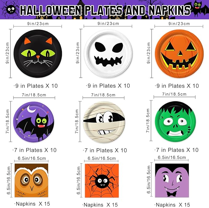 105PCS Halloween Paper Plates Ghosts Pumpkin Skull Spider Web Design for Halloween Party Decorations Supplies, Serves 30-Ruum Studio Home