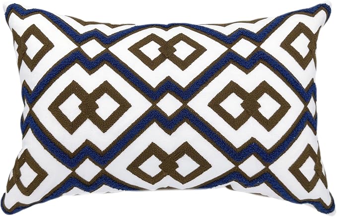 Alysheer Embroidered Lumbar Decorative Throw Pillow Cover 12"x 20", Classic Boho Geometric Embroidery Pattern Cotton Rectangular Cushion Case for Sofa Couch Living Room Bedroom(Blue Brown)-Ruum Studio Home