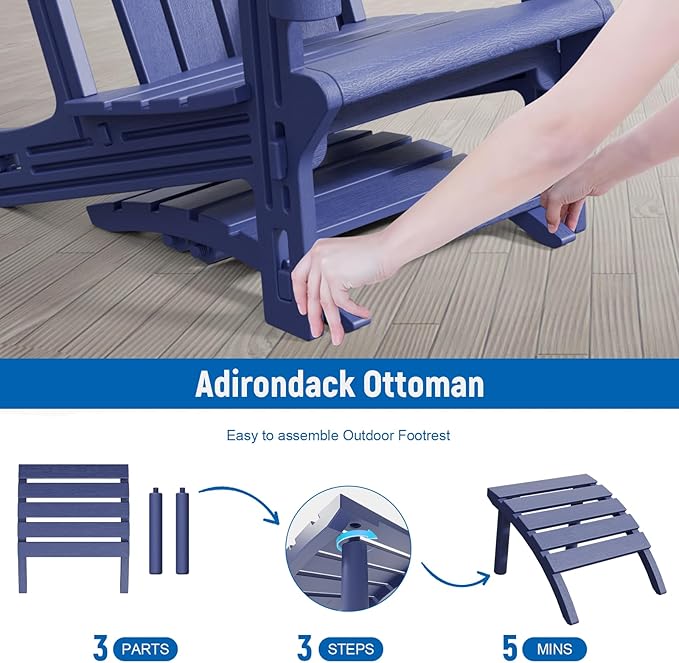 Adirondack Ottoman, HDPE Plastic Adirondack Footstool, All Weather Foot Rest for Adirondack Chair, Outdoor Footrest for Patio,Backyard, Lawn, Fire Pits, Navy Blue-Ruum Studio Home