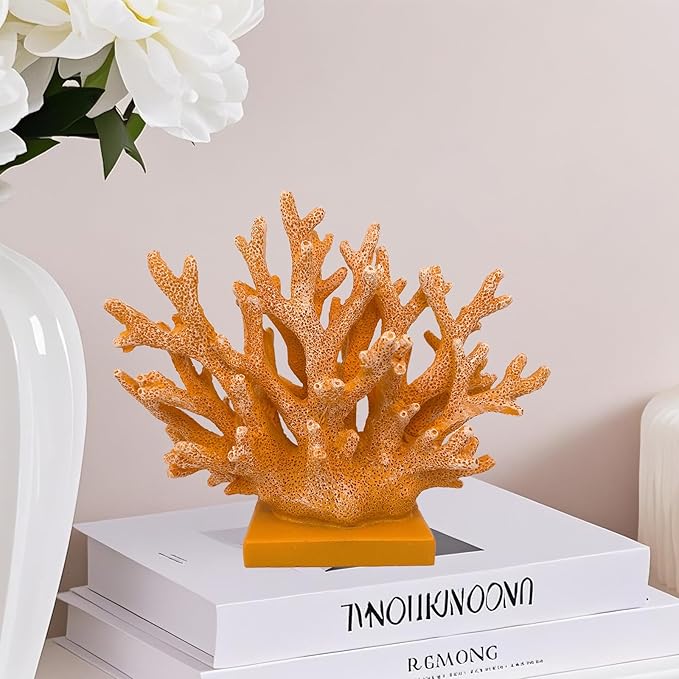 5.8" H Orange Coral Decor - Resin Coral Statue, Nautical Decor for Home, Bedroom, Bathroom, Living Room, Ocean Themed Cabinet Shelf Tabletop Decoration-Ruum Studio Home