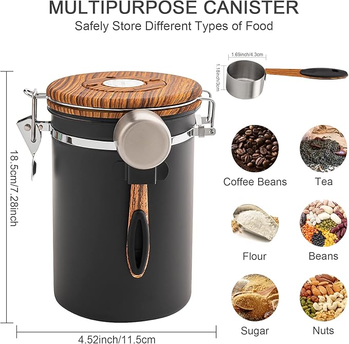 TEDSWAIT Coffee Canisters Airtight Coffee Bean Storage Container Kitchen Stainless Steel Food Storage Container with Scoop Date Tracker & CO2 Valve 61Fl Oz (Black)-Ruum Studio Home