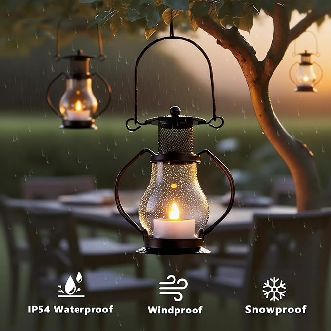Solar Hanging Lanterns Outdoor Waterproof, Vintage Mini Metal Lantern with Flickering Solar Powered Tea Lights, Perfect Chargeable Solar Lights for Backyard Patio Garden Fence Tree Decoration-4Pack-Ruum Studio Home
