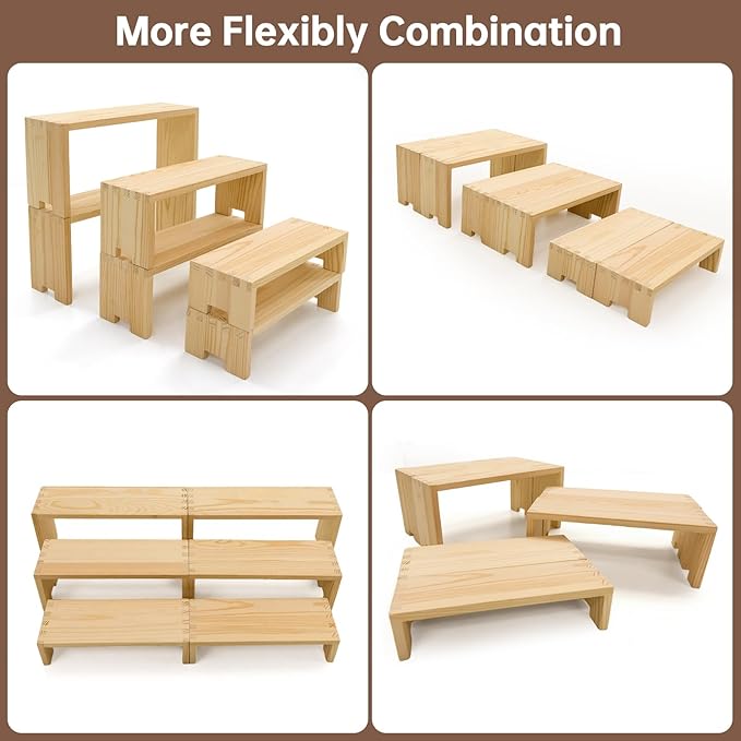 Display Wood Risers Wooden Stand 3 Tier Wood Racks Decorative Rectangular, 2 Set 6 Piece Cupcake Stands Cologne Perfume Organizer Dessert Showcase(Nature)-Ruum Studio Home
