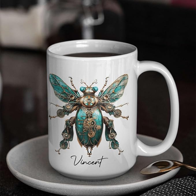 Unique Mechanical Insect Art Ceramic Cup, Personalized Steampunk Beetle Design Coffee Mug 11oz, Custom Name White Mug For Science Fiction Enthusiasts, Customized Insect Ceramic Mug-Ruum Studio Home