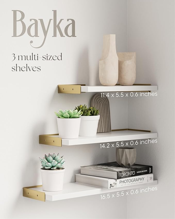 BAYKA Wall Shelves for Bedroom Decor, Floating Wall Shelves for Living Room Kitchen Storage, Wall Mounted Rustic Wood Shelves for Kids Books,Corner Shelves for Bathroom(White and Gold，Set of 3)-Ruum Studio Home