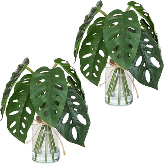 Artificial Flowers Turtle-Back, Alocasia Leaf, in Glass Vase with Faux Water,7Pcs Artificial Leaves Real Touch Latex Leaves for Centerpiece (2, Turtle-Back Leaf)-Ruum Studio Home