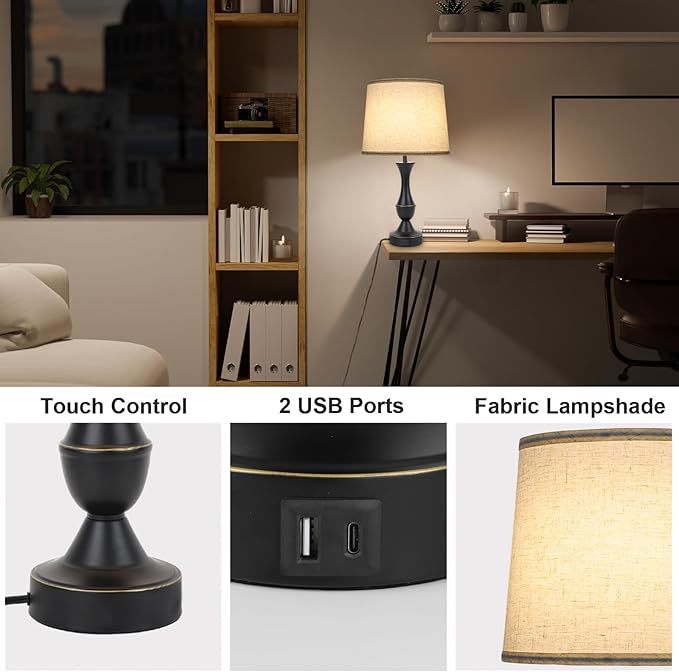 Touch Lamps for Bedrooms Set of 2, Farmhouse Table Lamp with USB C Charging Port, 3 Way Dimmable Nightstand Lamps with Linen Fabric Lampshade for Bedroom, Living Room (Pack2-Black)-Ruum Studio Home