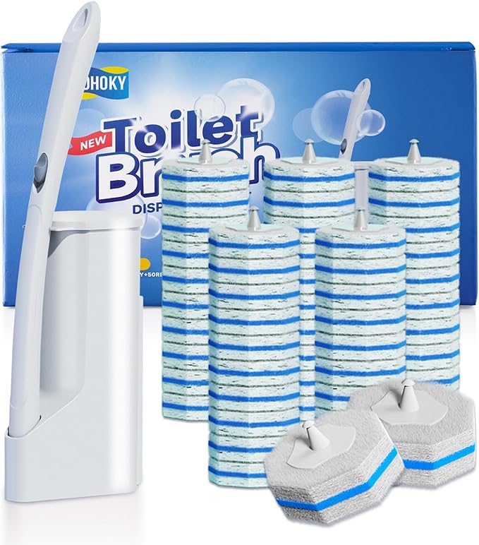 Disposable Toilet Brush Cleaning System with 50pcs Refills Pads Replacement Heads, Toilet Cleaning Stick, Wall Mounted Toliet Wand Kit Bathroom Maintenance, Toilet Bowl Cleaner Wands Holder and Set-Ruum Studio Home