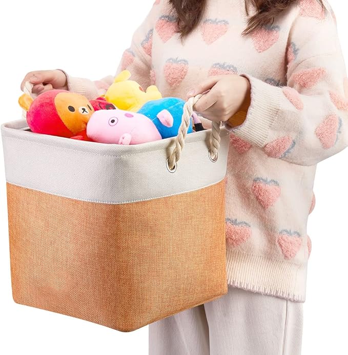 i BKGOO 3Pack Large Foldable Storage Bins，Collapsible Sturdy Cationic Fabric Organizing Storage Basket Cube with Cotton Handles for Home Office Shelf Clothes Toys Beige-Orange 13×13×13 inch-Ruum Studio Home