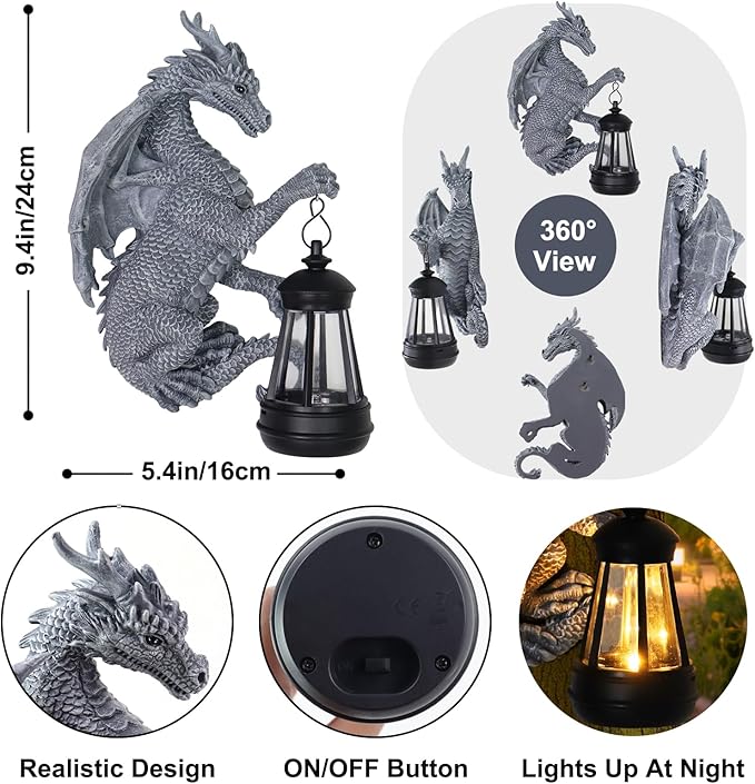 Garden Statues Tree Hugger Dragon - Halloween Dragon Statue Solar Lights Outdoor Patio Wall Decor,Christmas& Mothers Day&Birthday Gifts for Grandma Mom Women,Ideas Arts Crafts Waterproof Resin Lantern-Ruum Studio Home