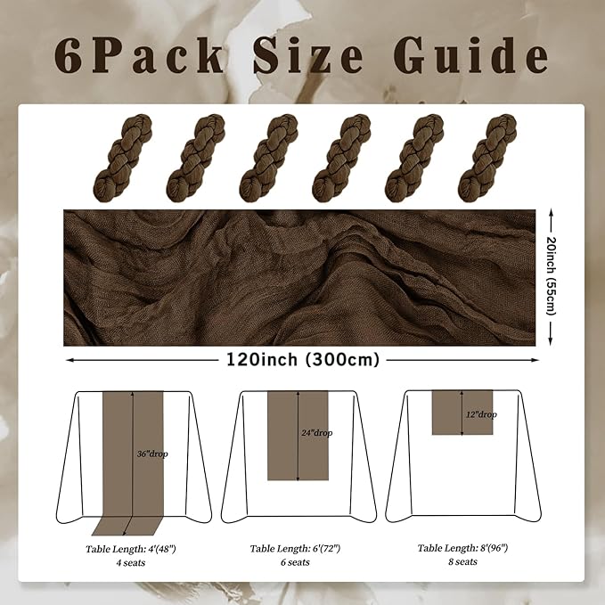 10FT 6 Pack Brown Cheesecloth Table Runner 20 x 120 Inch Long Boho Fabric Rustic Cheese Cloth Table Runner for Wedding Bridal Shower Baby Shower Gauze Sheer Birthday Party Table Decorations-Ruum Studio Home