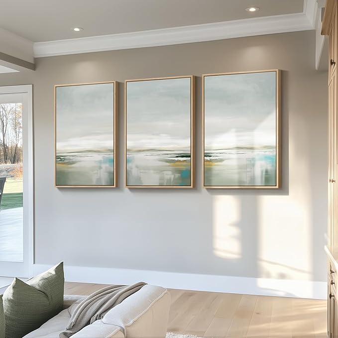 Large Framed Green Abstract Landscape Wall Art for Living Room, 3 Piece Canvas Prints Paintings Artwork for Walls, Modern Minimalist Pictures for Dining Room, Hallway, Office Wall Decor 24x36 In-Ruum Studio Home