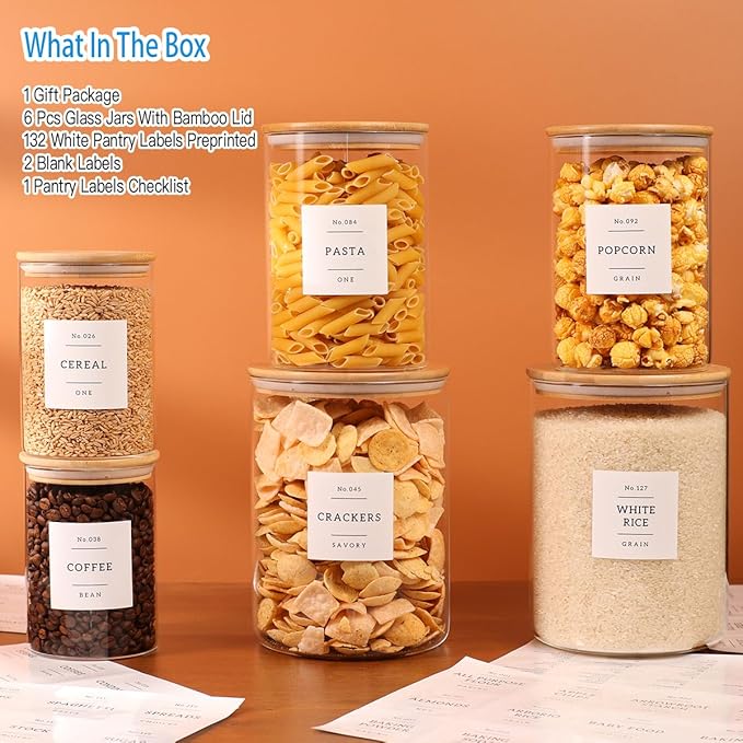 6-Pack Borosilicate Glass Storage Jars with Bamboo Lids + 132 Pre-Printed Pantry Labels Included, BPA-Free Thicken Airtight Containers for Flour, Sugar, Rice, Microwave & Freezer Safe(100OZ/54OZ/27OZ)-Ruum Studio Home