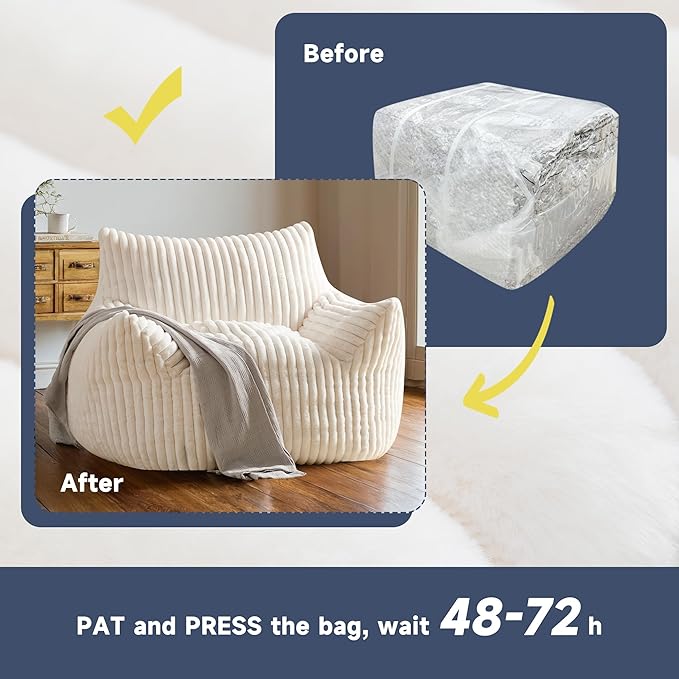 Oversized Bean Bag Chair for Adults, Giant Comfy Plush Boneless Bean Bag Couch with Filler for Kids - Reading Chair for Living Room, Bedroom & Dorm, Single Accent Chair Floor Lounger, Beige-Ruum Studio Home