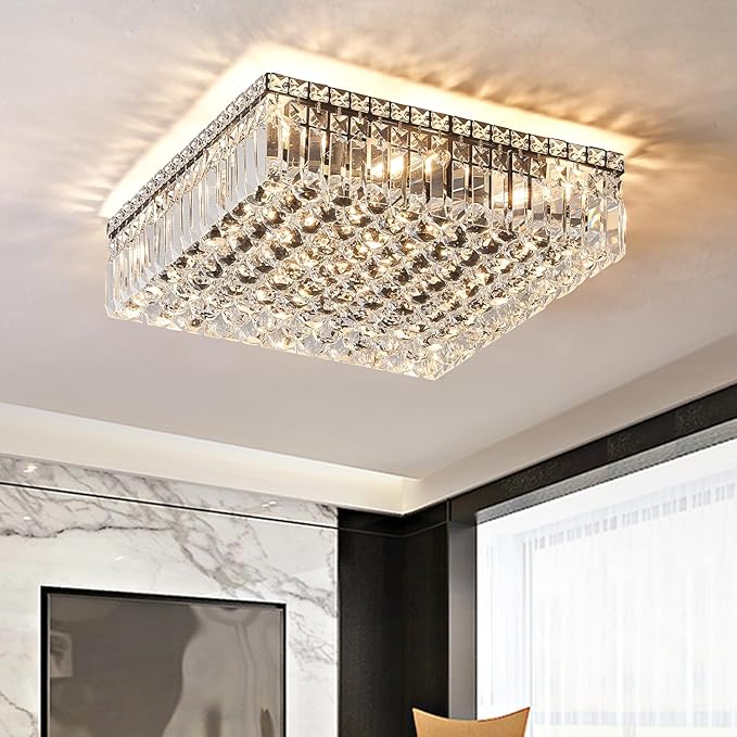 12-Lights Black Crystal Flush Mount Ceiling Light Fixtures,Elegant Crystal Chandelier Pendant Ceiling Lamp for Bedroom,Living Room,Dining Room,Hallway H5.9 x W20 x L20 (Bulb Not Included)Square-Ruum Studio Home