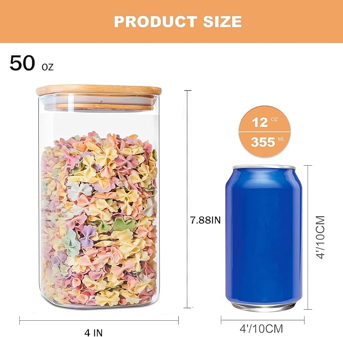 50oz Glass Food Storage Jars Set of 6,Glass Storage Containers Clear Glass Food Canister with Bamboo Lid Airtight For Serving Tea, Coffee, Flour, Sugar, Candy, Cookie, Spice and More (Square)-Ruum Studio Home