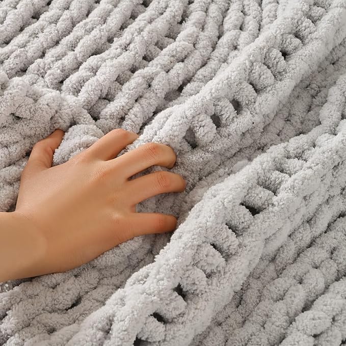 Esterra Chunky Knit Blanket Throw 60"x80", 100% Hand Knitted Chenille Throw Blanket, Cozy Soft Thick Cable Knit Throw Large Rope Knot Crochet Throw Blanket for Sofa Couch Bed, Light Gray-Ruum Studio Home