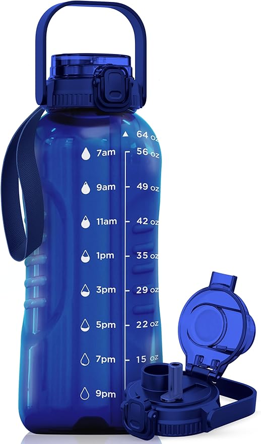 AQUAFIT 64 oz Water Bottle with Time Marker - 2in1 Straw & Chug Lid - BPA Free Big Water Bottle with Straw - Gym Water Bottle with Strap - Water Jug (64 Ounces, Blue)-Ruum Studio Home