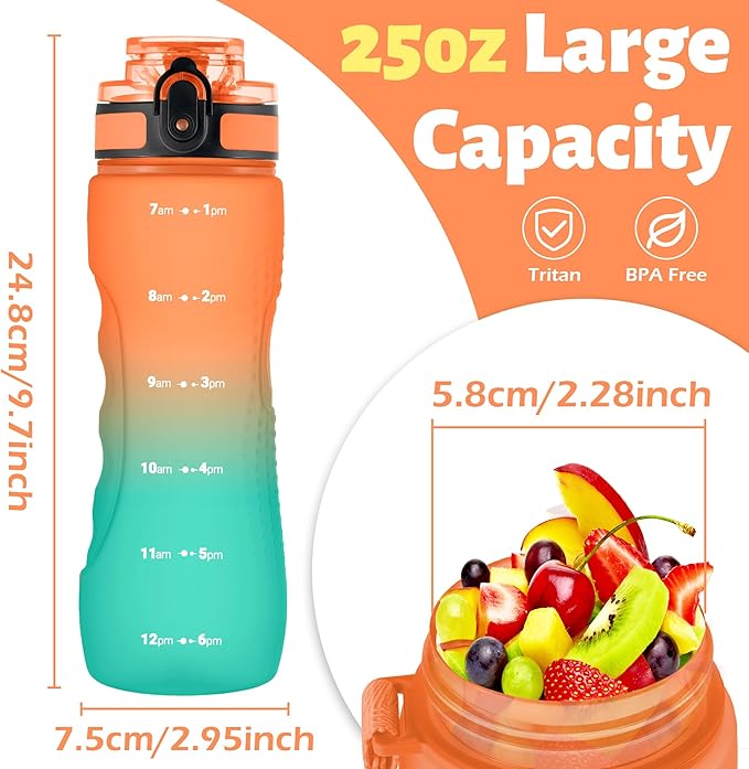 OLDLEY 25 oz Water Bottle, Motivational Water Bottle with Time Marker, Sports Water Bottle With Strap, Leakproof & BPA Free Large Water Bottles for School, Gym, Travel, Outdoor, Tritan,Orange&Green-Ruum Studio Home