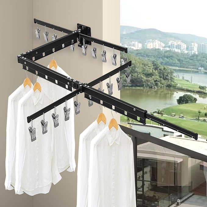 BESy Tri-Fold Foldable Clothes Drying Rack Retractable Hanging Collapsible Dryer Hanger Racks for Laundry Balcony Bathroom Space Saver Outdoor Indoor 20 Clips Aluminum Alloy Wall Mounted Matte Black-Ruum Studio Home
