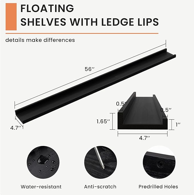 Solid Ash Wood Picture Ledge Shelf, Floating Shelves Set of 2, 56 Inch Long Large Ledge Shelves, Nursery Book Shelves Wall Mounted for Living Room Bedroom Kitchen Decor Kids Bookshelf, Black-Ruum Studio Home