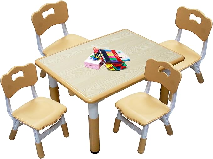 Kids Table and 4 Chairs Set with Graffiti Desktop, Toddler Furniture Set, Non-Slip, Table Children Study Desk, Dining Table, Height Adjustable Desk, Painting Desktop for Kids (31.5x23.6Inch)-Ruum Studio Home
