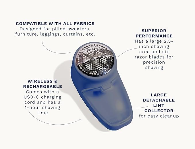 Nori Trim Fabric Shaver - Lint Remover for Clothes & Furniture Couch Pilling - Sweater Pill Remover - Clothes Shaver with 6 Precision Blades - Wireless and Rechargeable - Navy-Ruum Studio Home