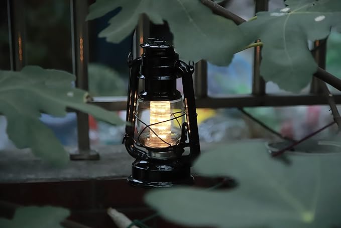 YAKii LED Vintage Lantern Metal Hanging Hurricane 12 LED Dimmer Switch Warm White Battery Operated Power Outage Indoor Camping Lighting Outdoor Brooklyn Decoration(Black)-Ruum Studio Home